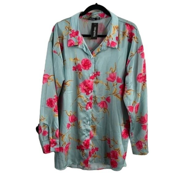 Boohoo NWT Floral Satin Button Up Shirt, US 18 - Picture 1 of 16